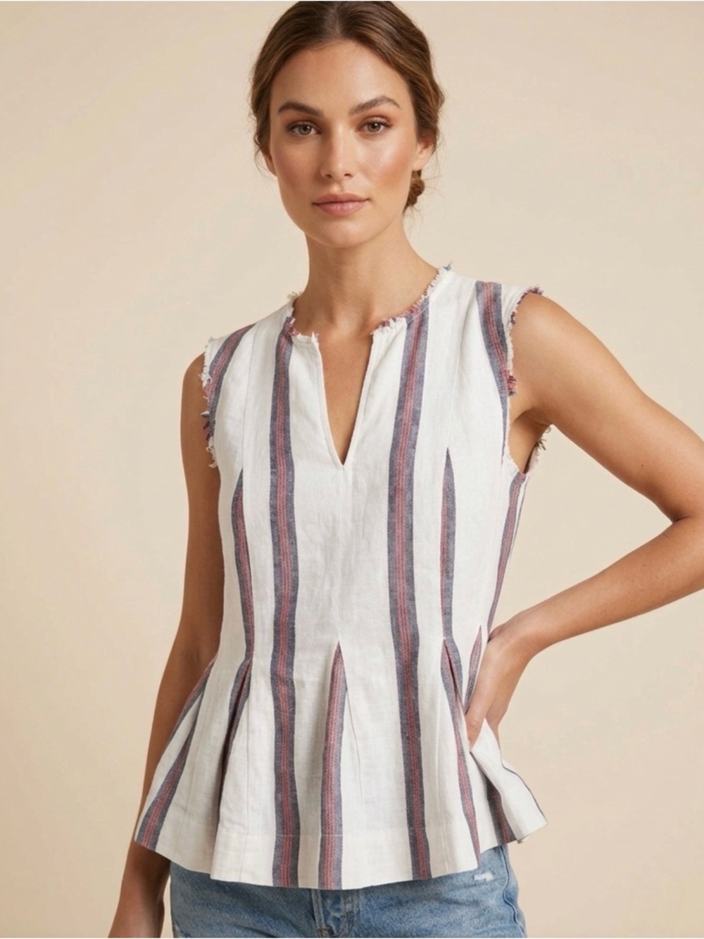 Pure Navy 100% Linen Striped Sleeveless Peplum Summer Top Small White Red Blue